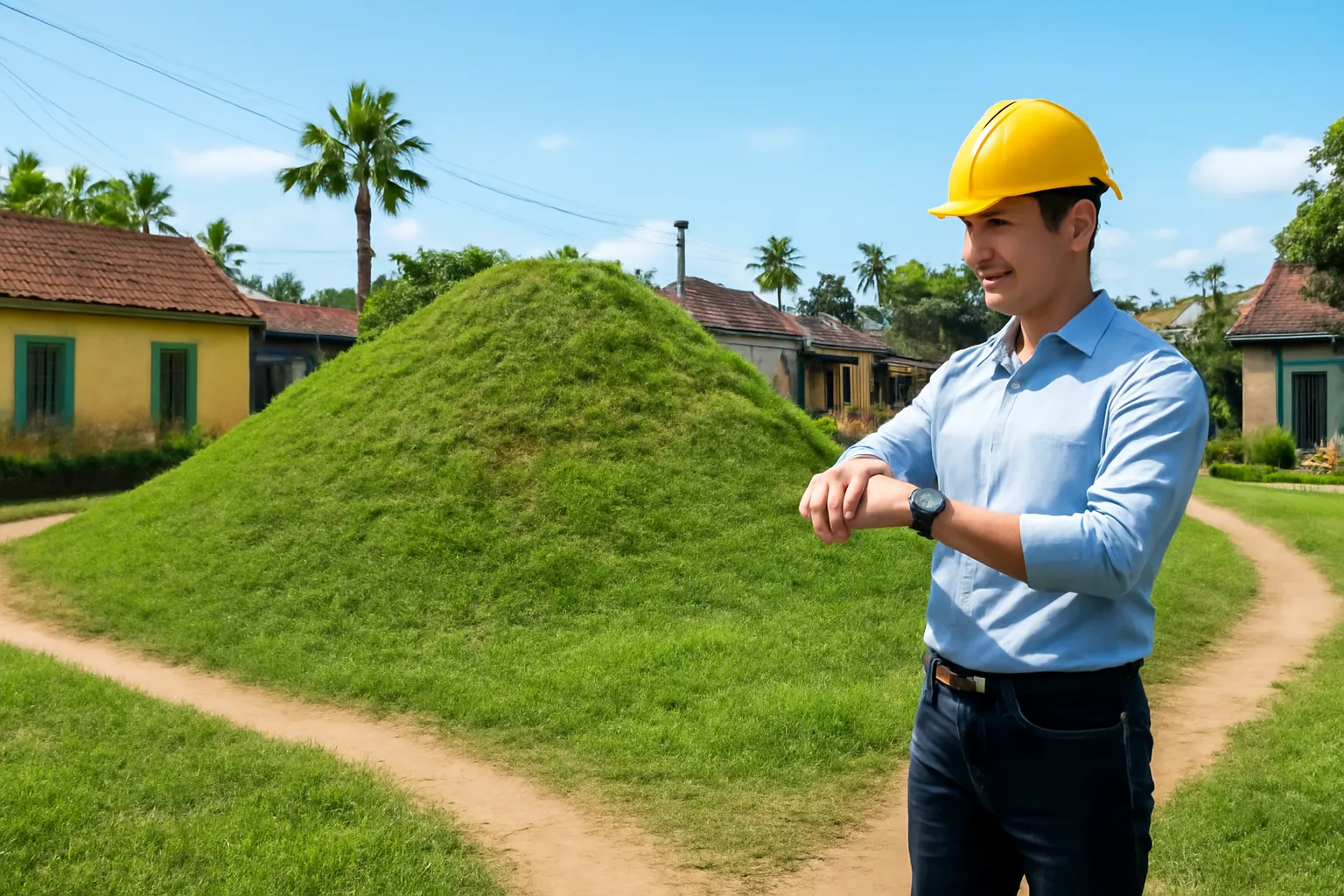 Gò đất cỏ xanh giữa làng, lối mòn vòng quanh chân gò, người đàn ông đứng nhìn