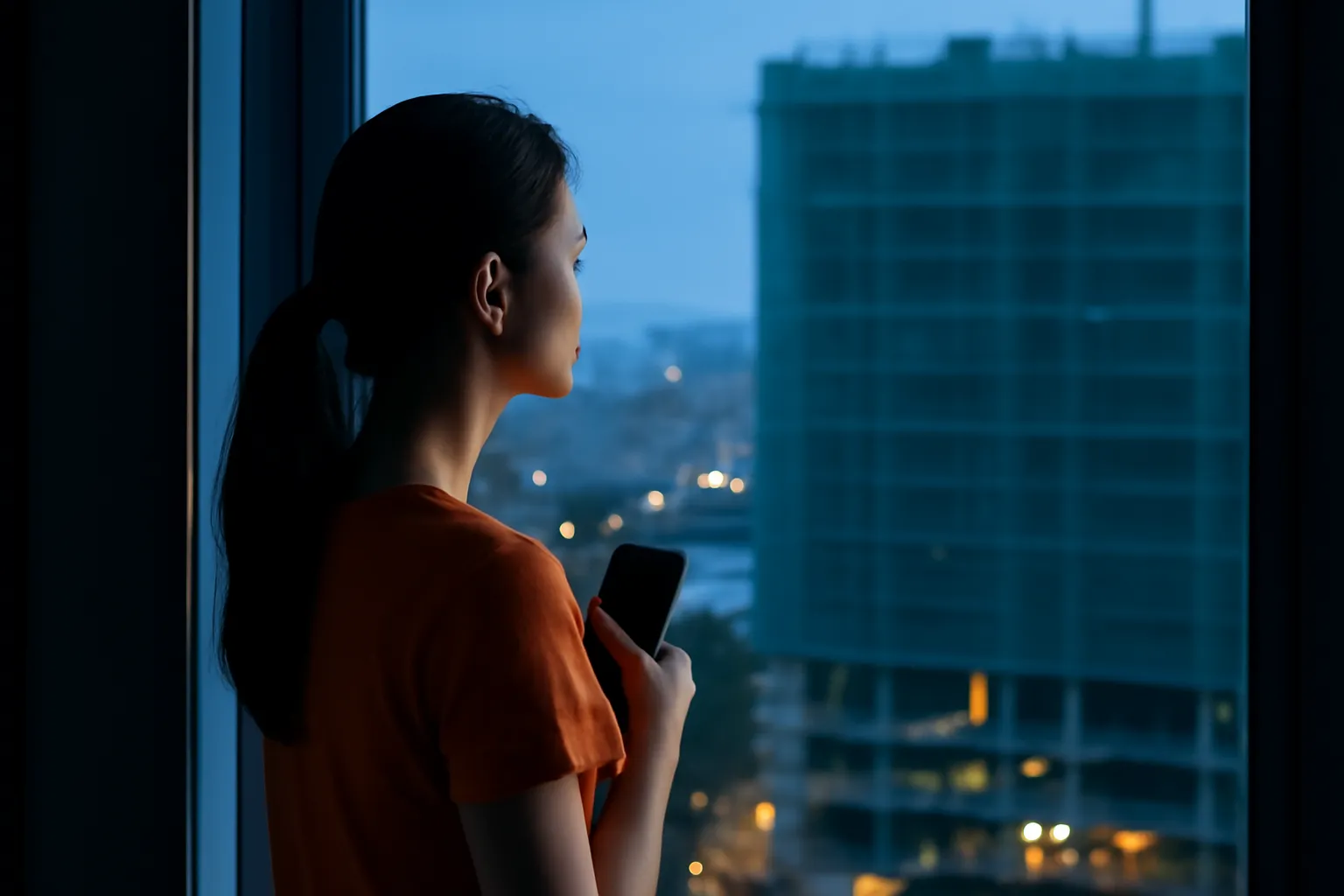 Cô gái đứng trong căn hộ tối, nhìn qua cửa sổ sang toà nhà đối diện đang che lưới xây dựng