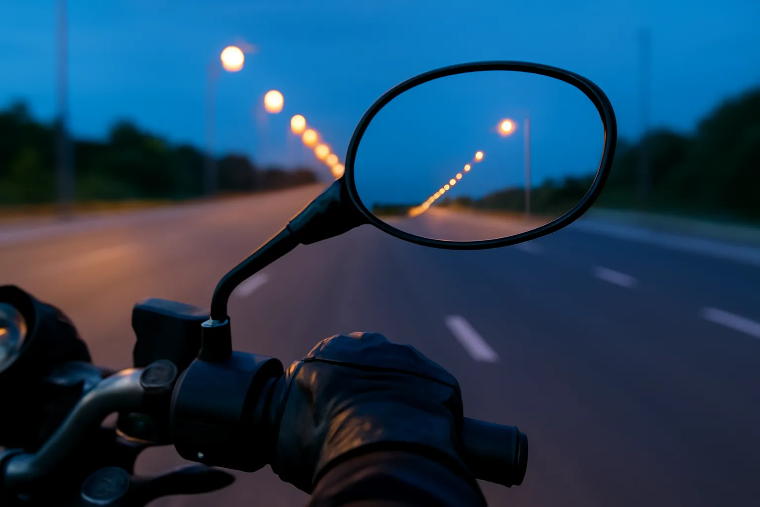 Gương chiếu hậu xe máy phản chiếu con đường quốc lộ vắng đèn vàng lúc chạng vạng
