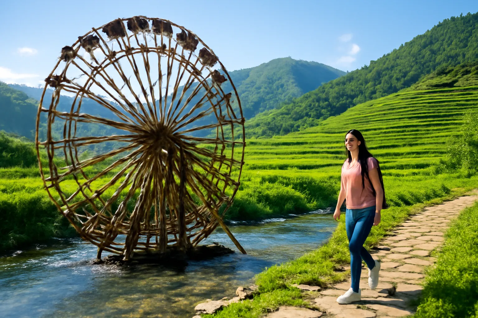 Chiếc guồng nước bằng tre bên con suối miền núi, ruộng bậc thang xanh phía sau