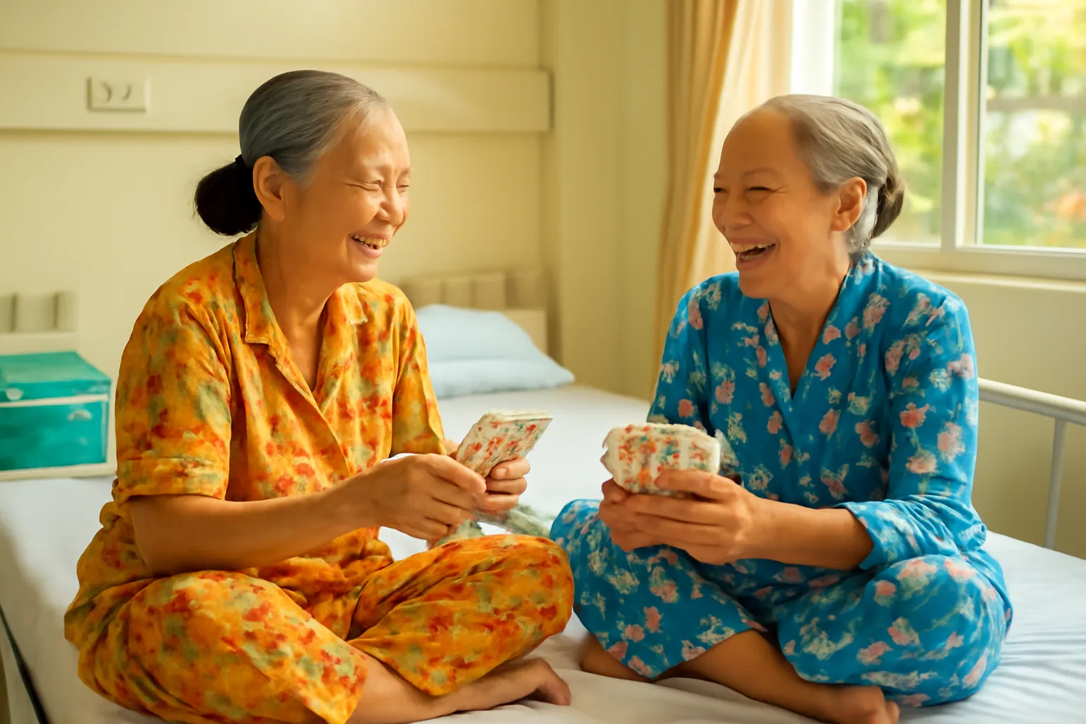 Hai bà cụ ngồi đối diện trên giường bệnh chơi bài lá nhỏ trong nắng chiều