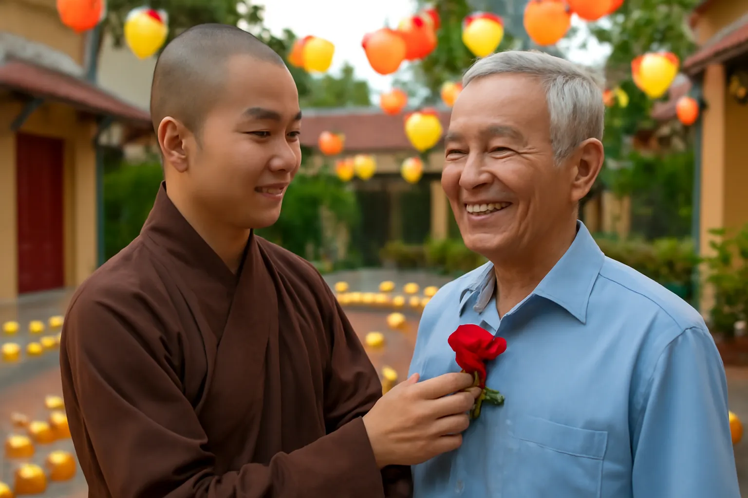 Nhà sư trẻ cài bông hồng đỏ lên áo một cụ ông trong sân chùa đêm Vu Lan