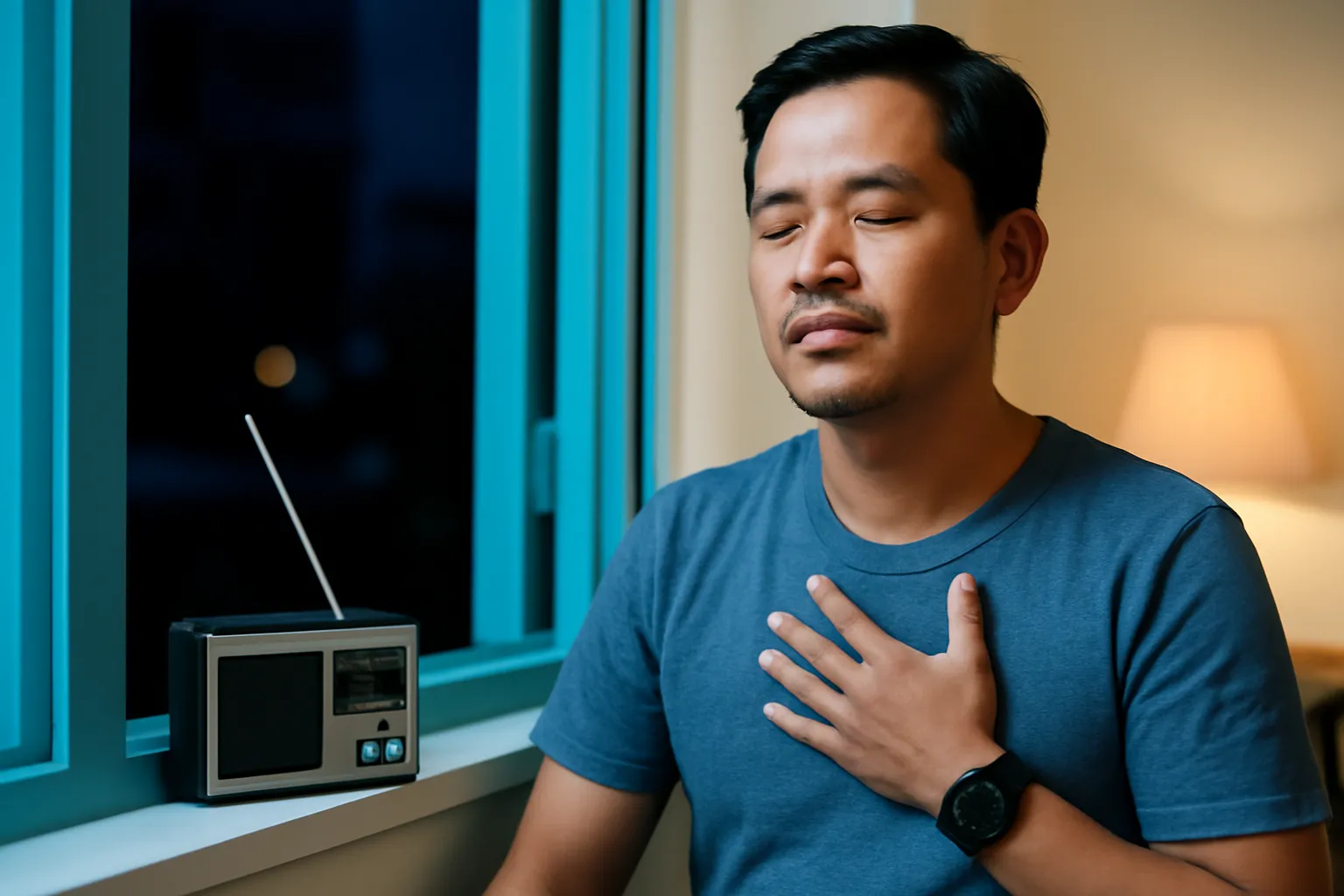 Người đàn ông trung niên ngồi bên cửa sổ, tay đặt lên ngực, chiếc đài nhỏ trên bàn