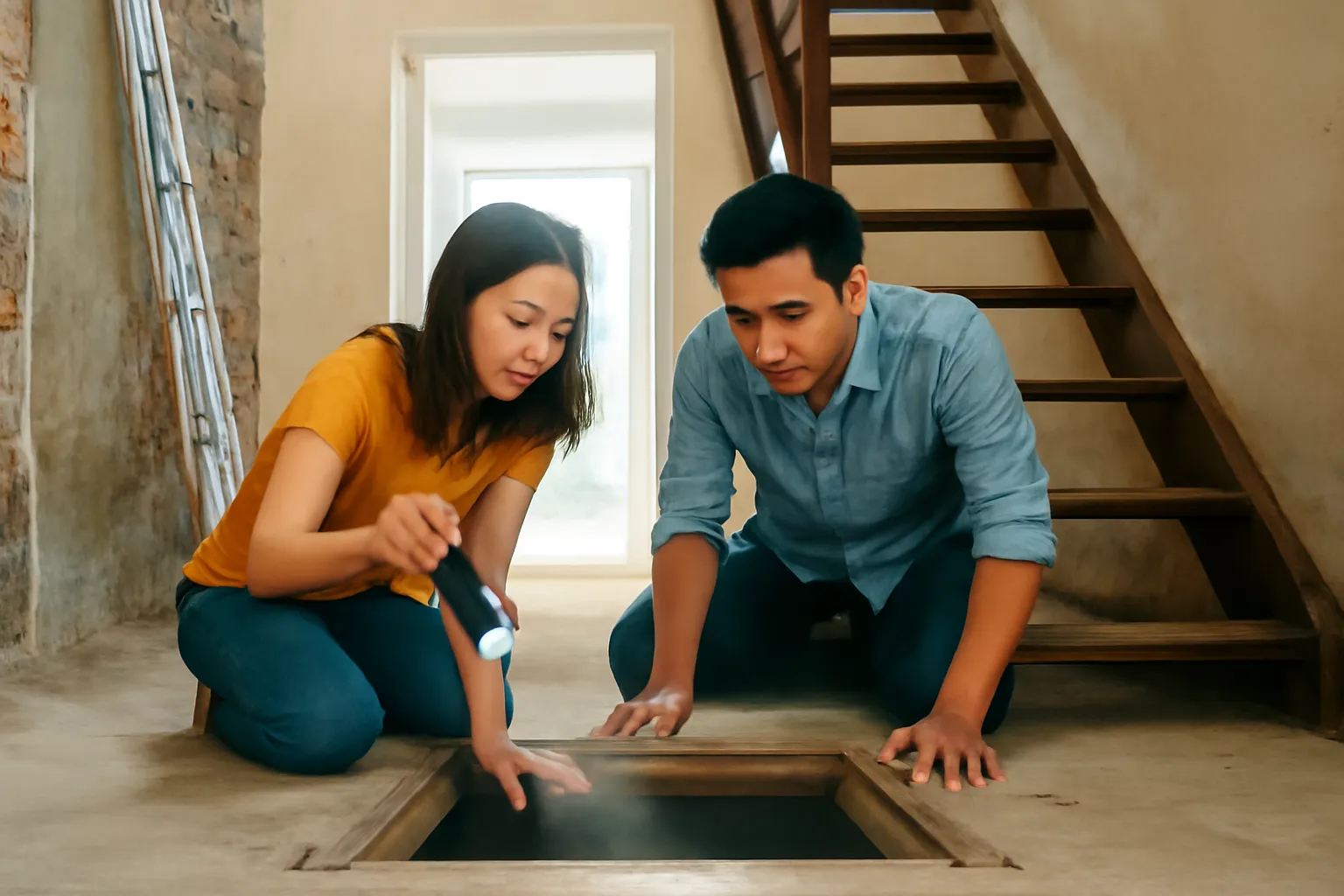 Hai vợ chồng trẻ quỳ bên nắp hầm gỗ dưới gầm cầu thang, soi đèn pin xuống