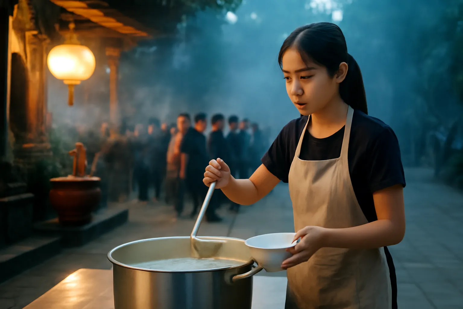 Nữ tình nguyện viên cầm muôi múc cháo bên nồi lớn ở sân chùa đêm rằm