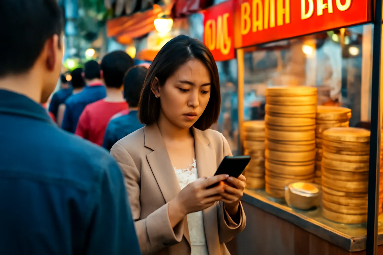 Cô gái trẻ đứng trong hàng người dài trước quầy hấp bánh ở phố ẩm thực đêm