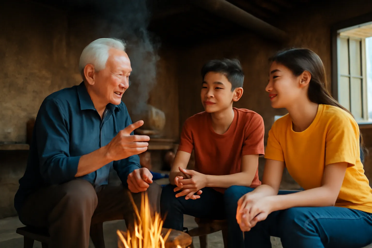 Ông lão ngồi bên bếp lửa nhà tranh kể chuyện cho cháu nghe đêm cuối năm
