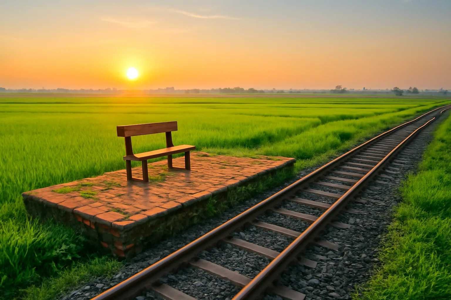 Ga xép nhỏ giữa đồng với sân ga lát gạch cũ trong nắng sớm