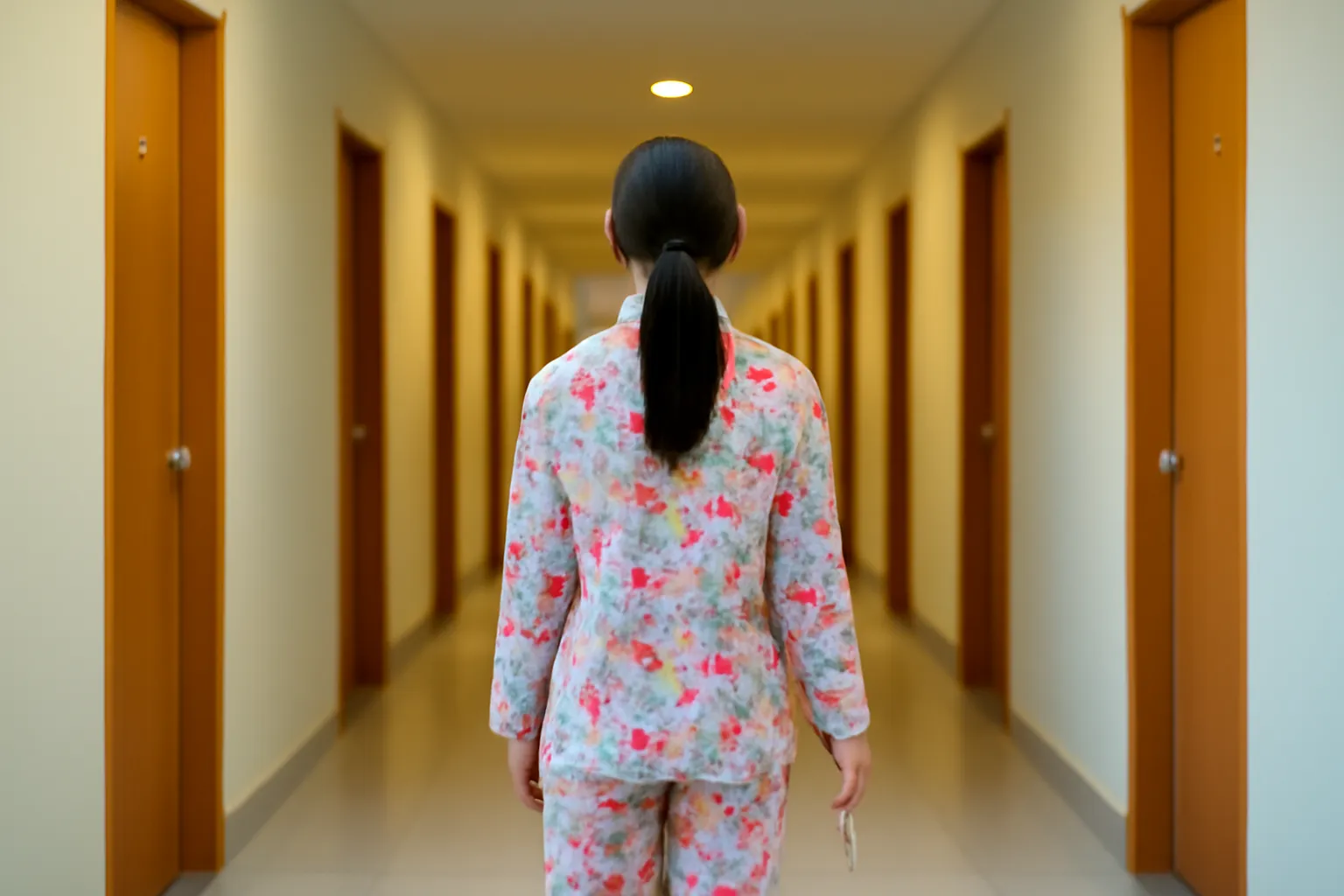 Cô gái mặc đồ ngủ đứng giữa hành lang ký túc xá dài sáng đèn vàng lúc đêm khuya