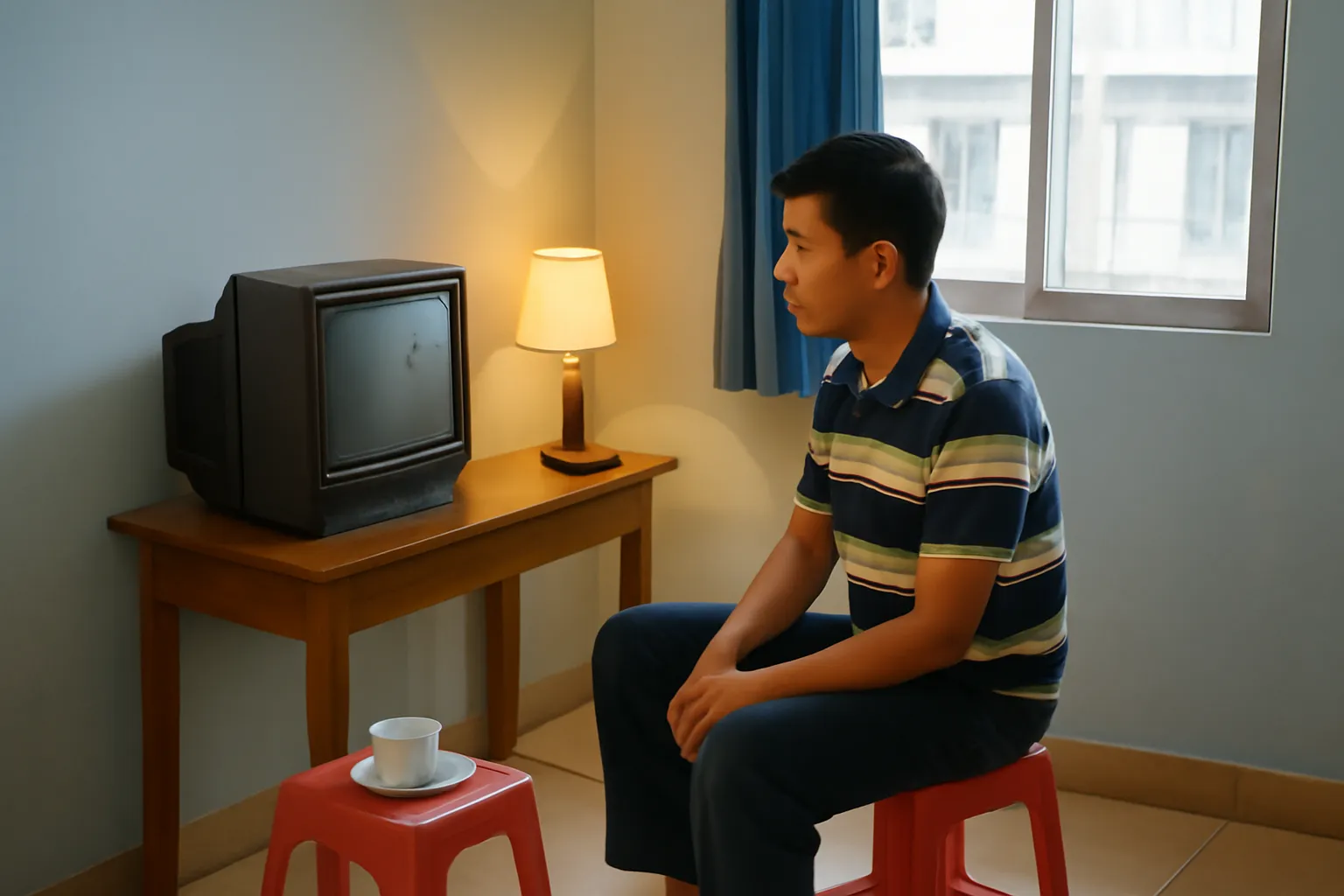 Người đàn ông ngồi ghế nhựa trước tivi cũ, chiếc ghế bên cạnh để trống, đèn ấm