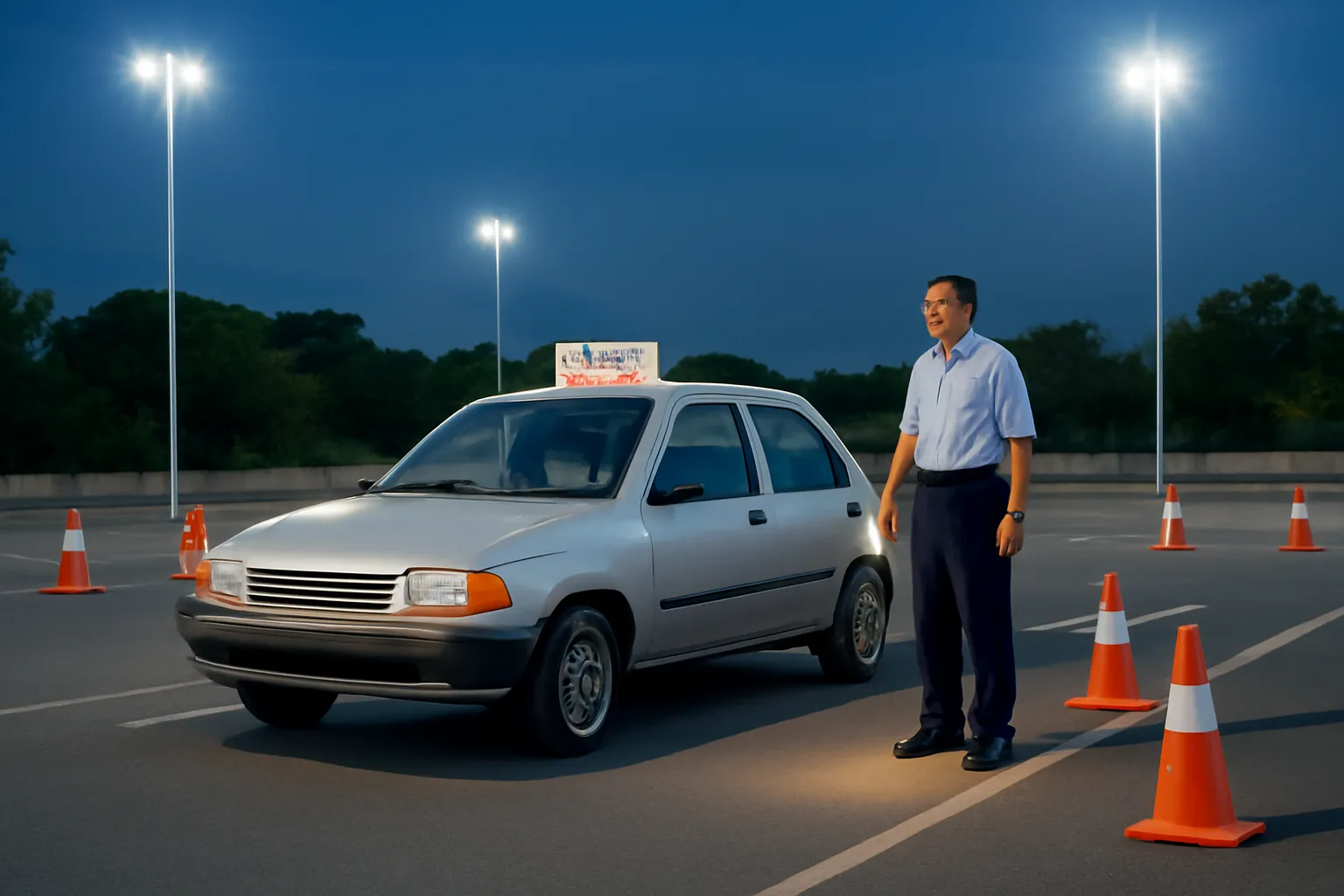 Sân tập lái xe ban đêm dưới đèn cao áp, xe số sàn đỗ giữa hàng cọc tiêu