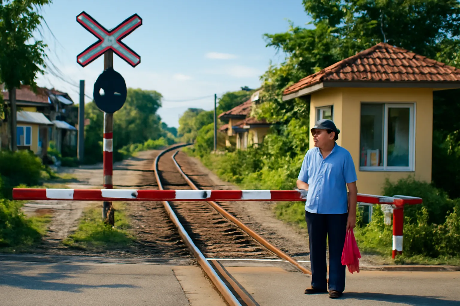 Đường ngang có thanh chắn sọc đỏ trắng, chòi gác nhỏ và người phụ nữ cầm cờ hiệu