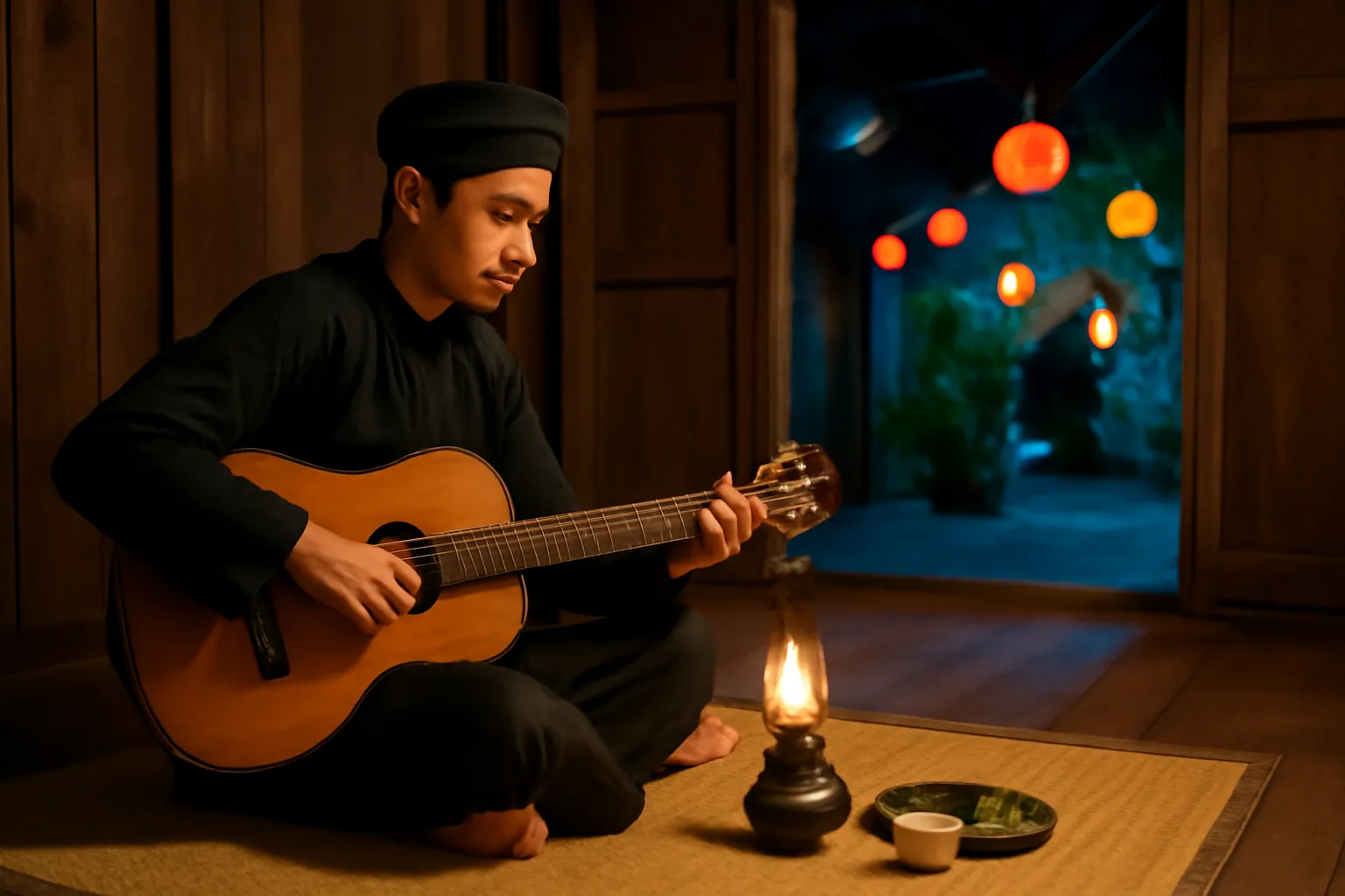 Liền anh trẻ mặc áo the khăn xếp cầm ô ngồi hát bên chiếu canh đêm hội