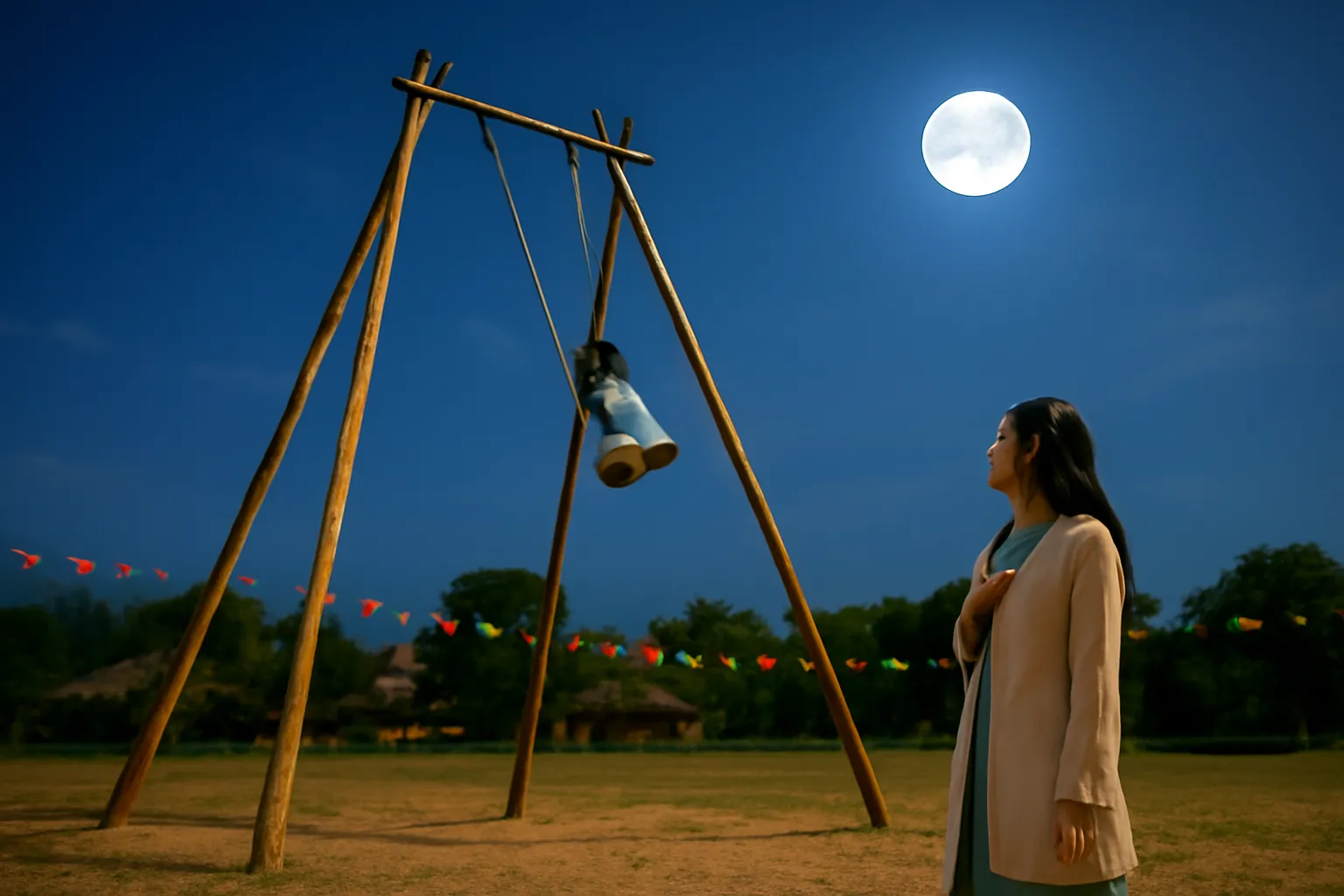 Cây đu tre cao dựng giữa bãi đất làng đêm trăng, bàn đu đang đưa lên cao dù không có người