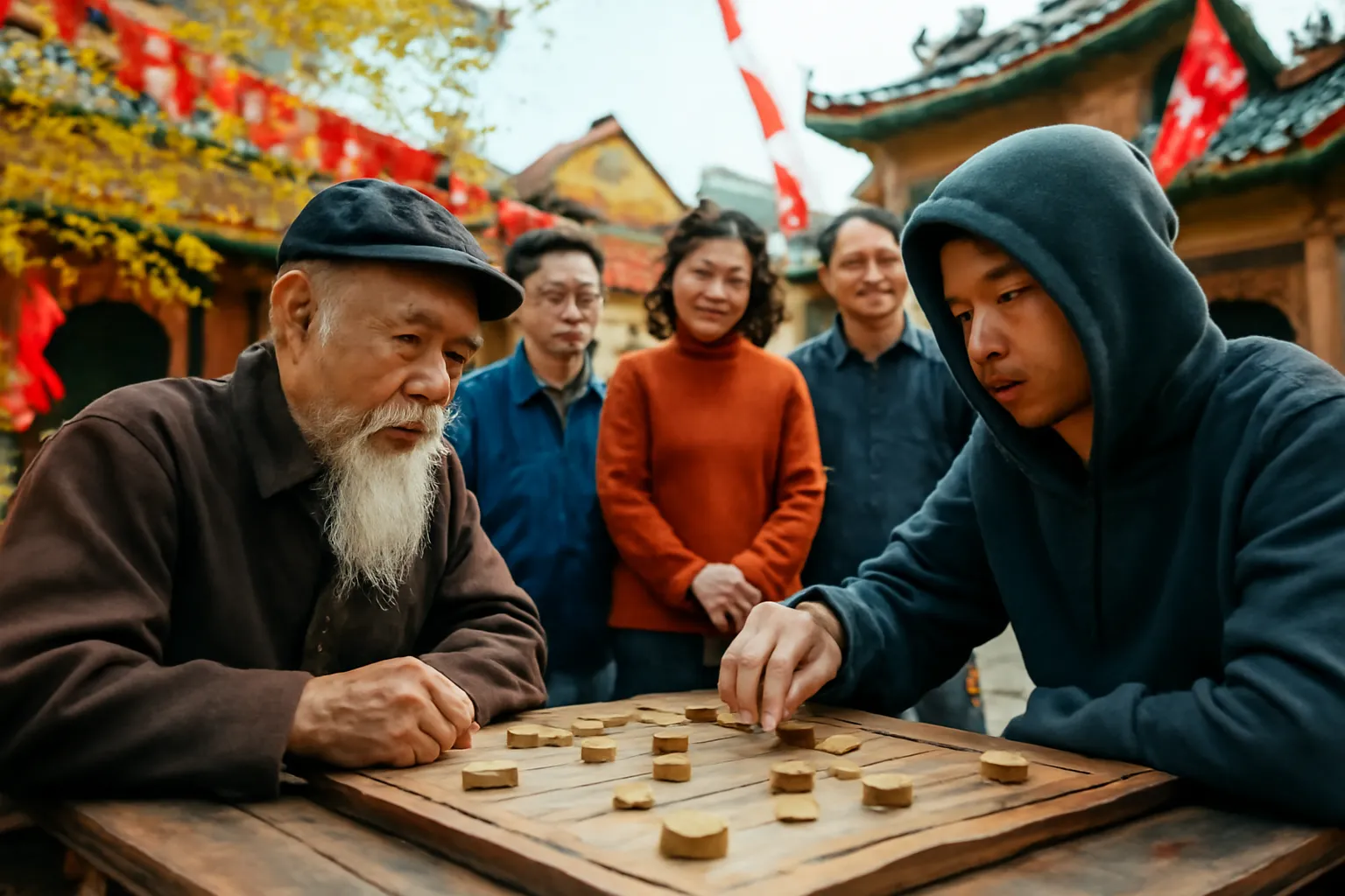 Ông lão và chàng trai trẻ ngồi đối diện bên bàn cờ tướng gỗ cũ ở sân đình ngày hội xuân