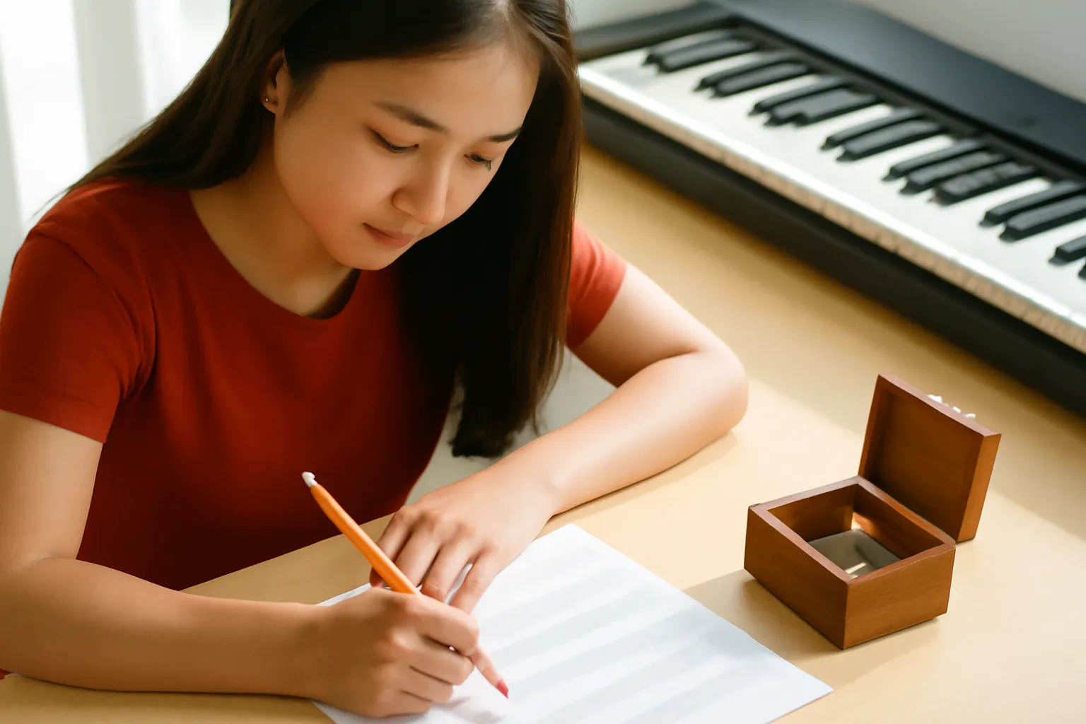 Cô sinh viên ngồi bên bàn ghi chép bản nhạc cạnh chiếc hộp nhạc gỗ mở nắp