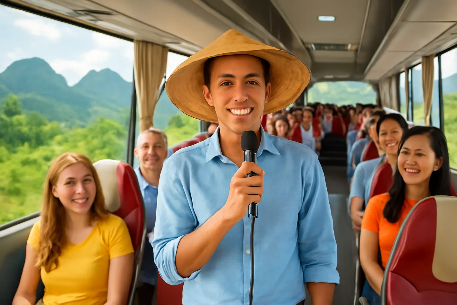 Hướng dẫn viên cầm micro đứng đầu xe du lịch, hành khách cười nói vui vẻ