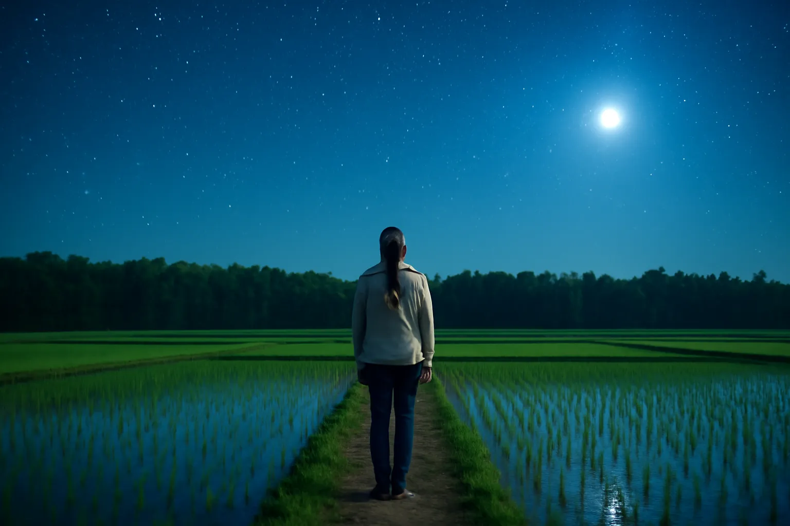 Cô gái đứng một mình trên bờ ruộng dưới trời đêm đầy sao, cánh đồng lúa tối mênh mông