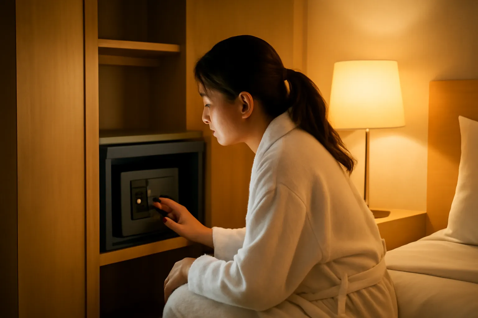 Chiếc két sắt nhỏ trong tủ quần áo khách sạn hé cửa dưới ánh đèn ngủ