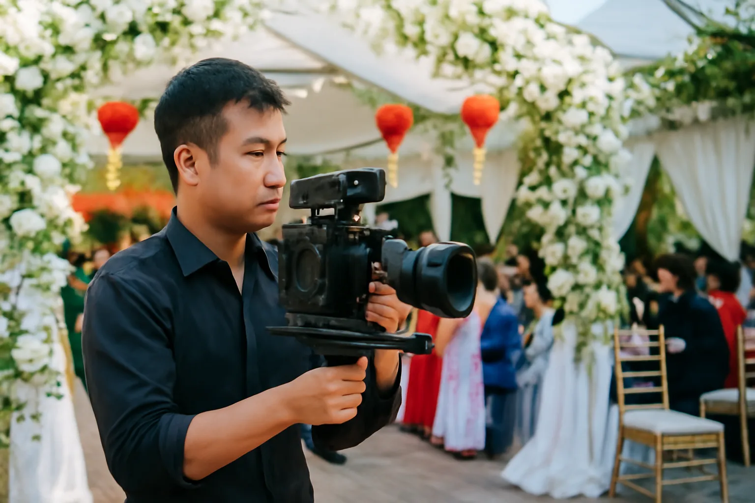 Thợ quay phim cầm máy quay đứng giữa rạp cưới trang trí hoa trắng ngoài trời