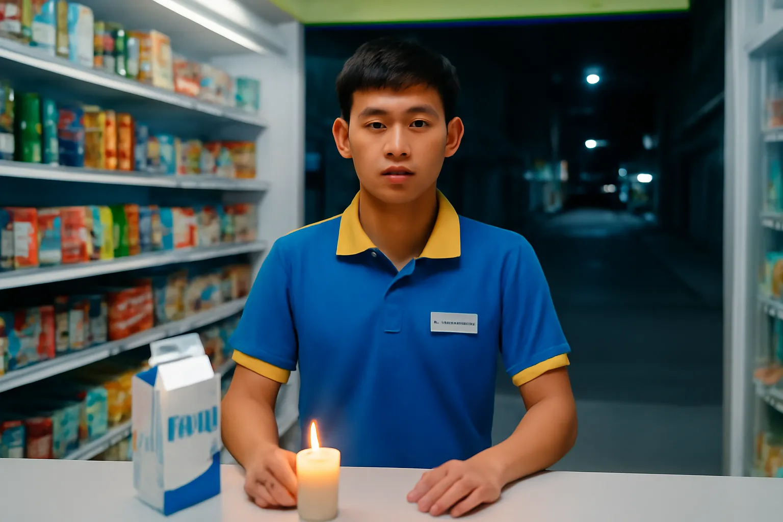 Nam nhân viên trẻ đứng sau quầy cửa hàng tiện lợi sáng đèn trong đêm