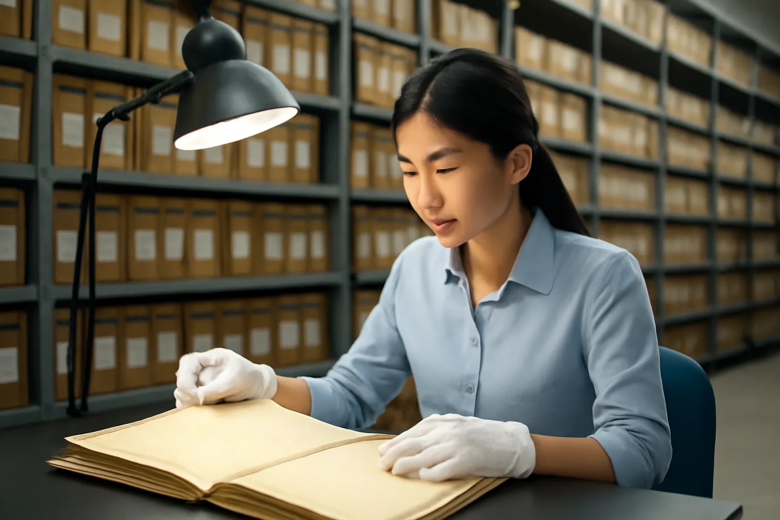 Nữ nhân viên lưu trữ đeo găng tay trắng lật tập hồ sơ cũ giữa những dãy giá tài liệu
