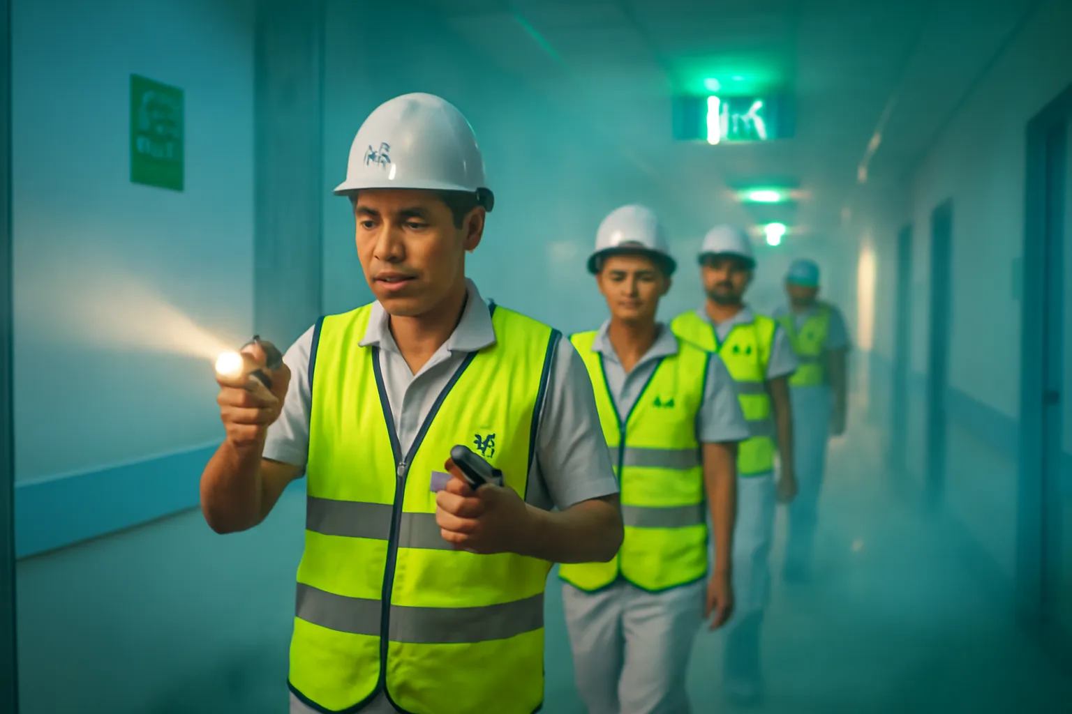 Nhân viên bệnh viện đội mũ bảo hộ cầm đèn pin đi trong hành lang có khói giả mờ