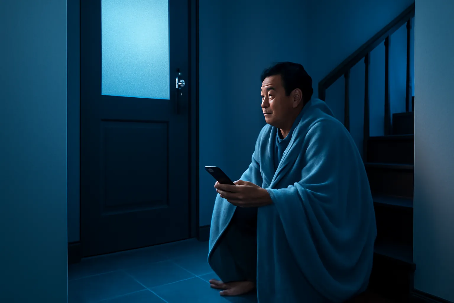 Người đàn ông ngồi trên bậc cầu thang trong nhà tối, nhìn về phía cánh cửa có khoá điện tử