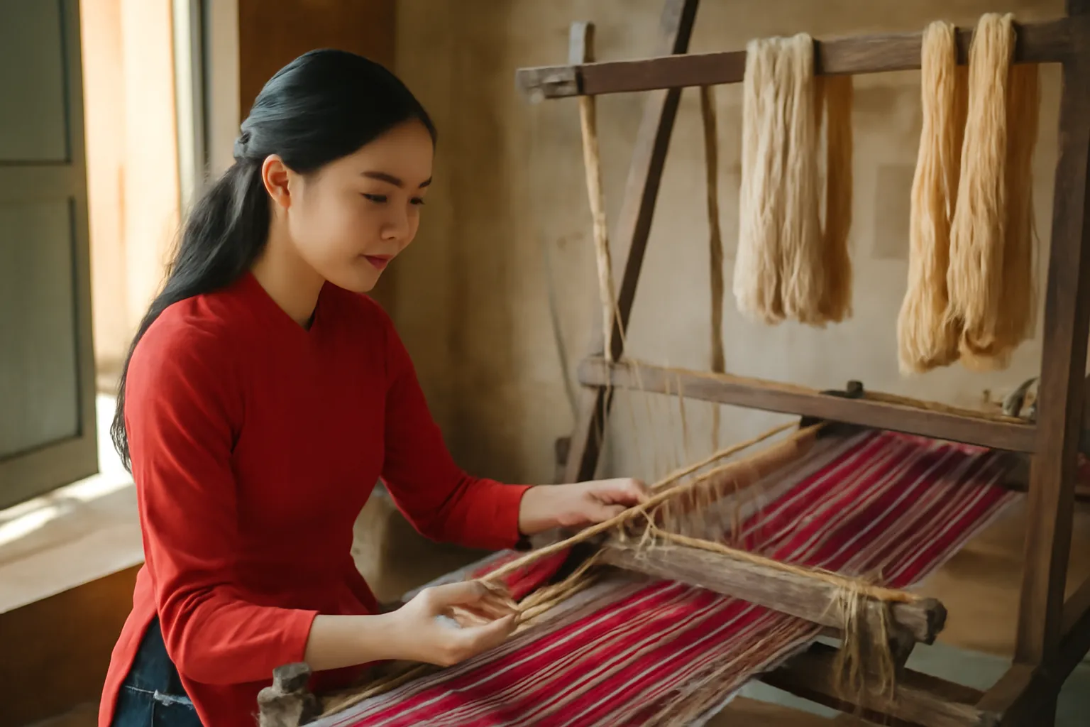 Cô gái trẻ ngồi trước khung cửi gỗ cũ trong xưởng dệt, tay cầm con thoi