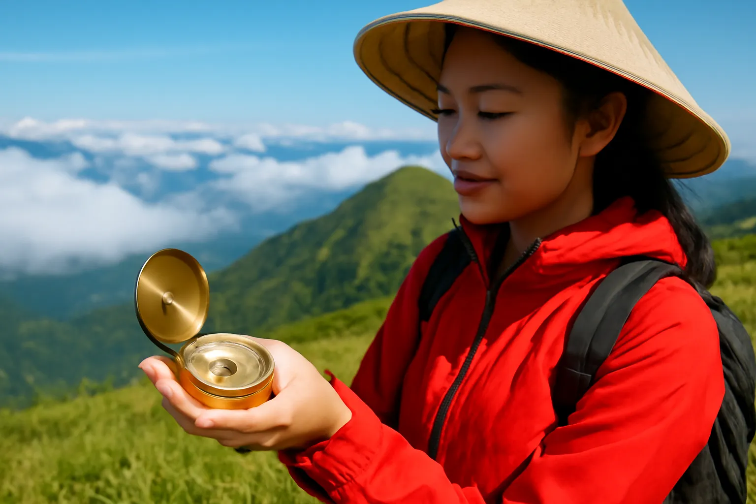 Cô gái trẻ mặc áo leo núi cầm chiếc la bàn đồng giữa đồi cỏ có mây trôi