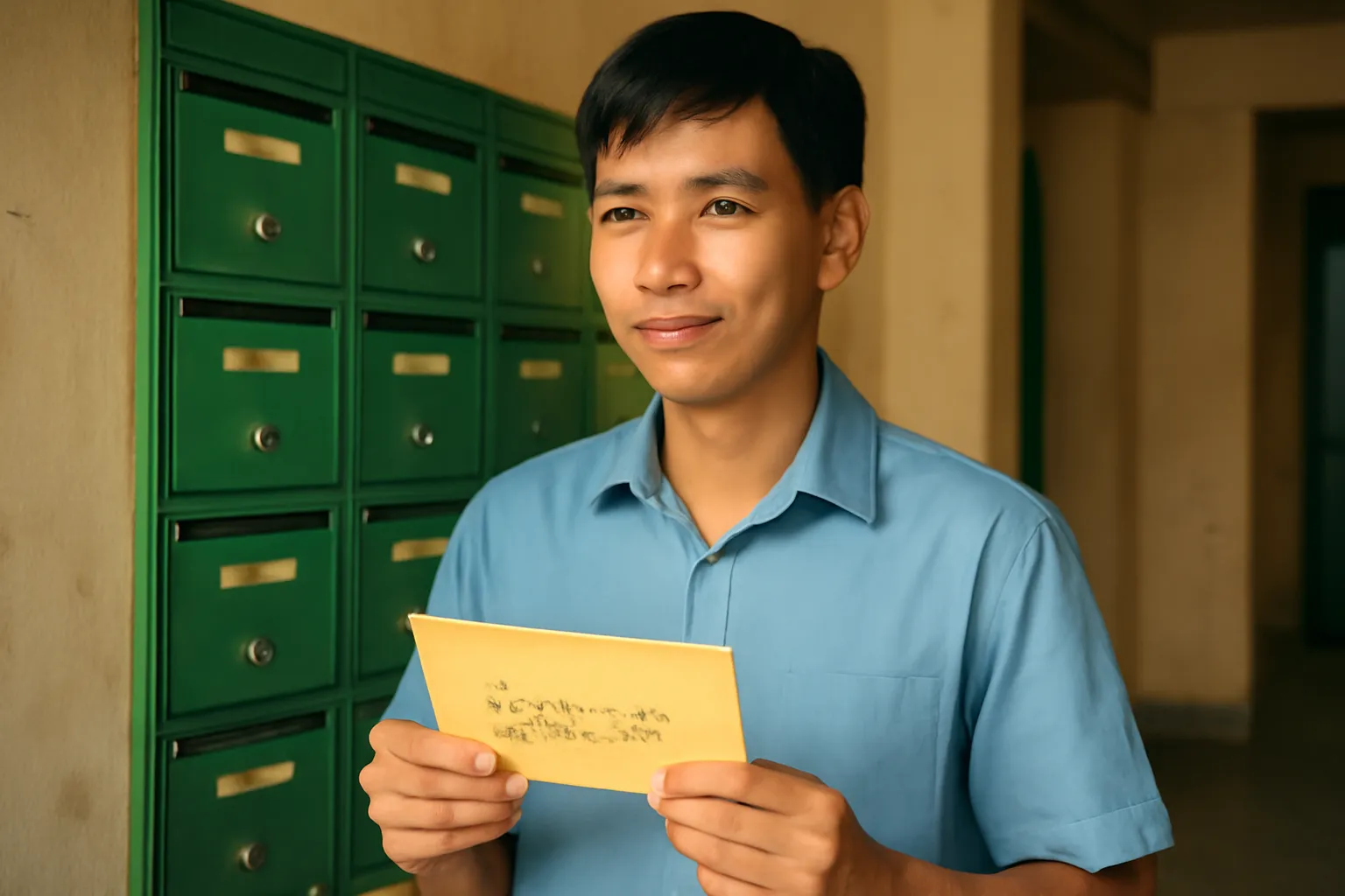 Chàng trai đứng trước dãy hộp thư sắt ở sảnh chung cư cầm phong thư cũ