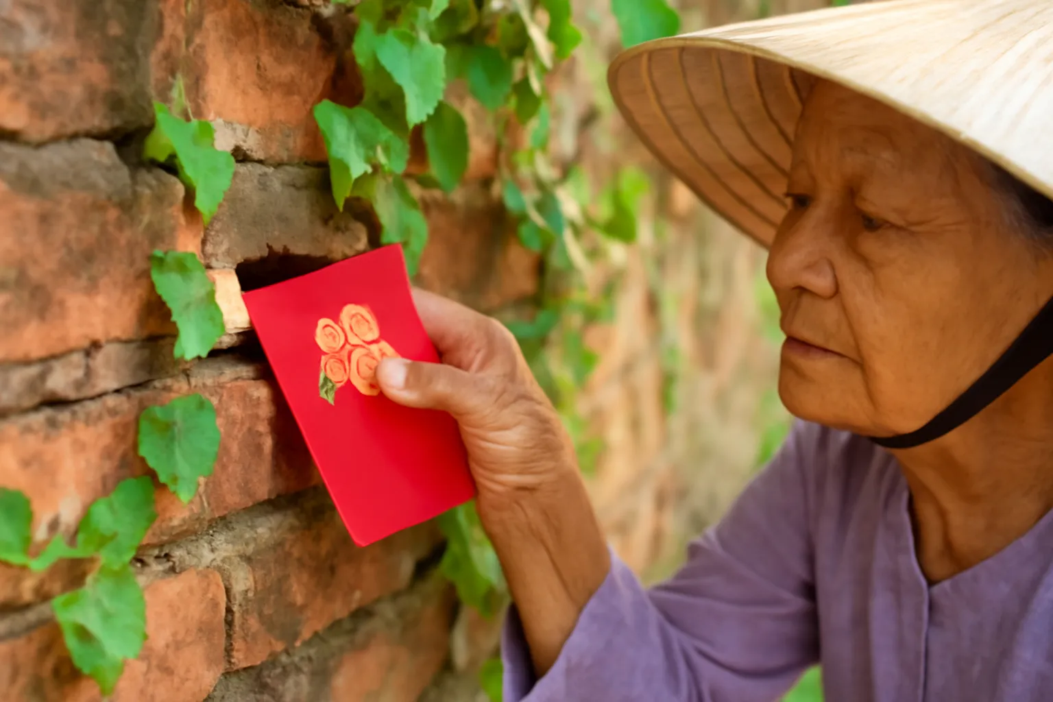 Bàn tay người già đặt phong thư vào khe viên gạch lỏng trên bức tường cũ