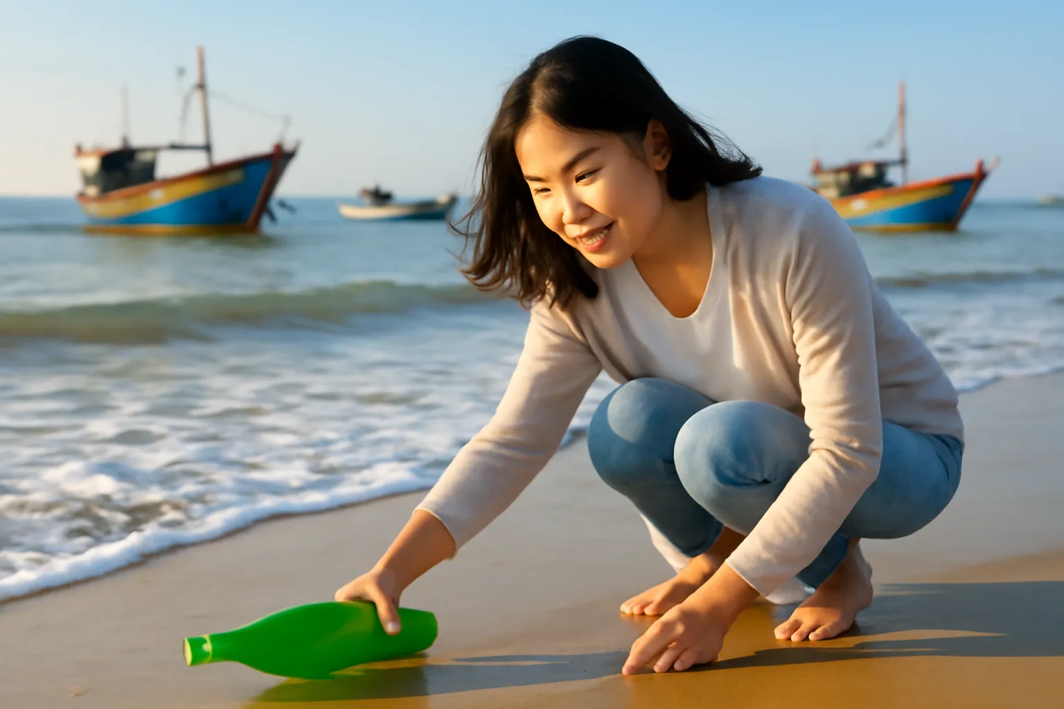 Cô gái trẻ cúi nhặt chai thủy tinh trên bãi cát ướt buổi sáng, sóng nhẹ phía sau