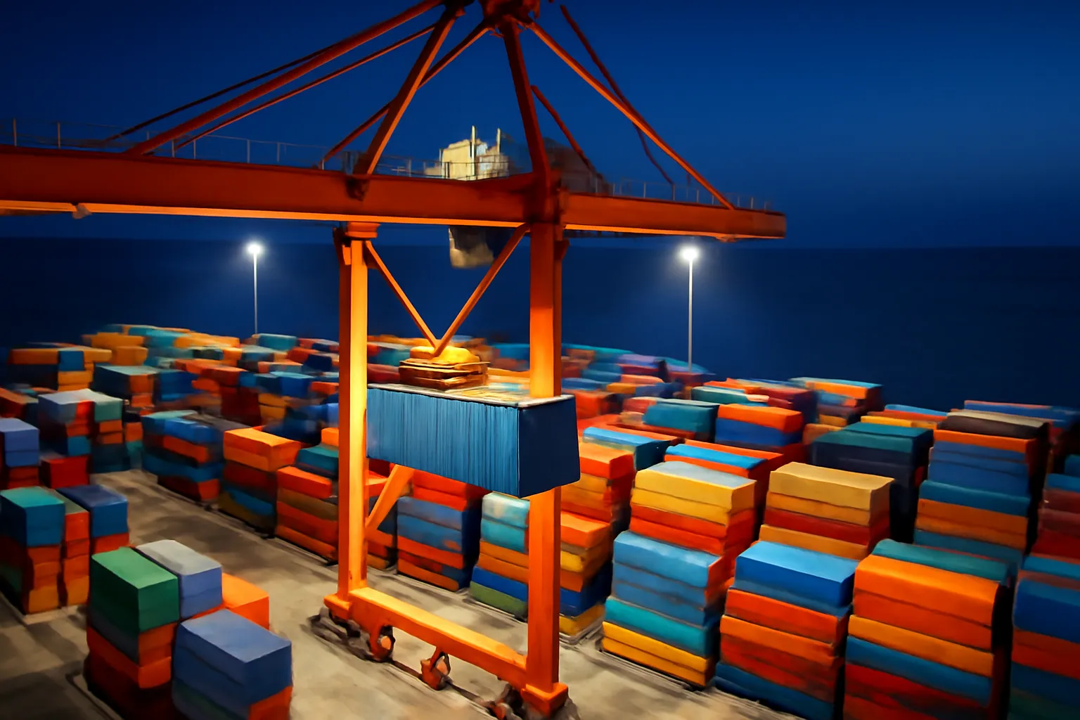 Cần cẩu giàn khổng lồ trên cảng container sáng đèn ban đêm nhìn từ cao