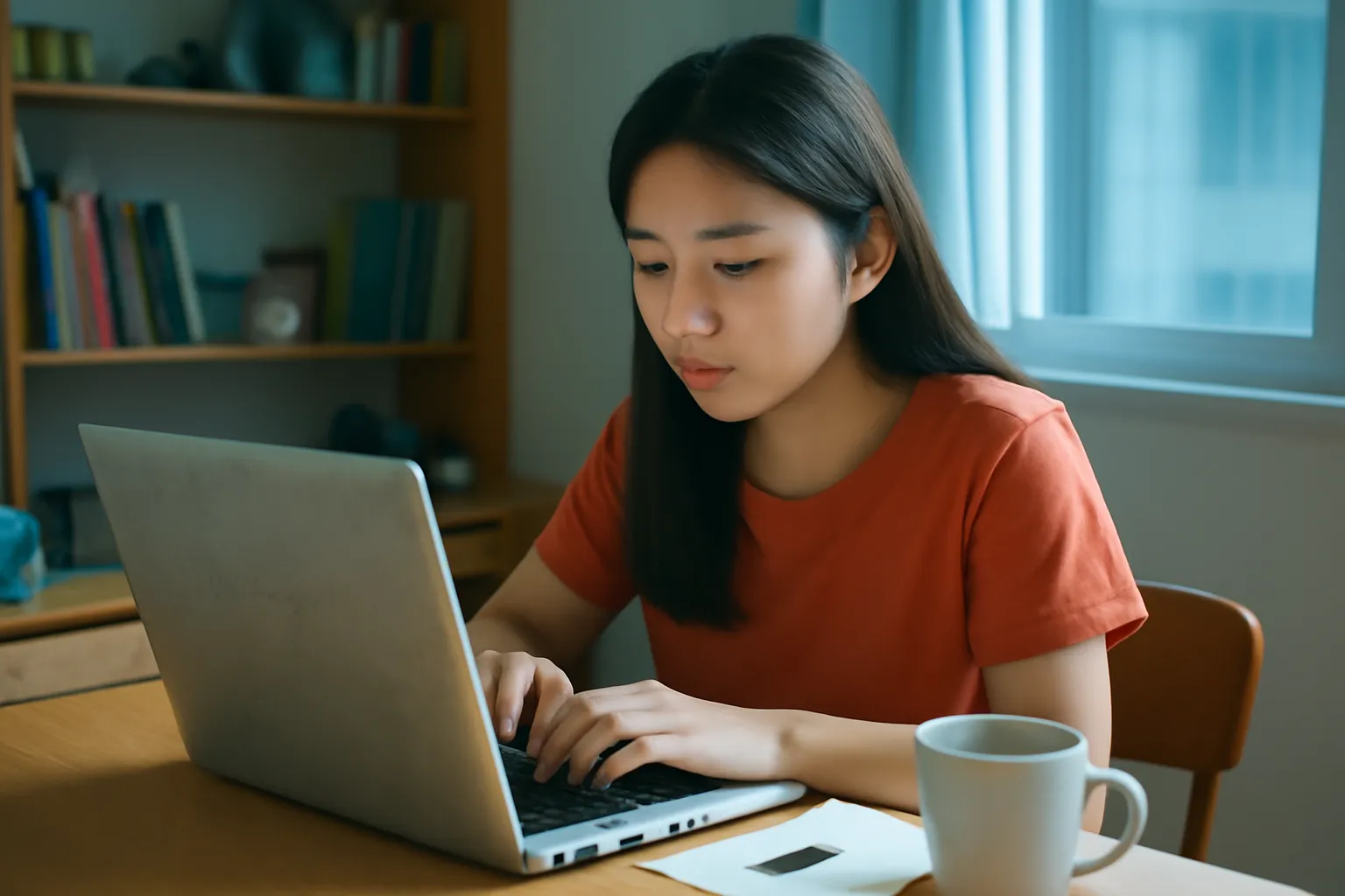 Cô gái ngồi ở bàn học ký túc xá gõ trên chiếc laptop cũ, ánh sáng màn hình hắt lên mặt