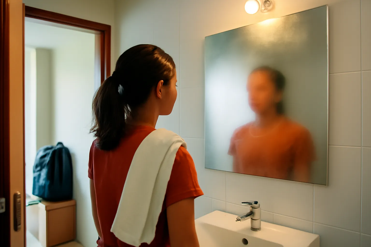 Tấm gương phòng tắm khách sạn phủ hơi nước, cô gái đứng nhìn với chiếc khăn trên vai