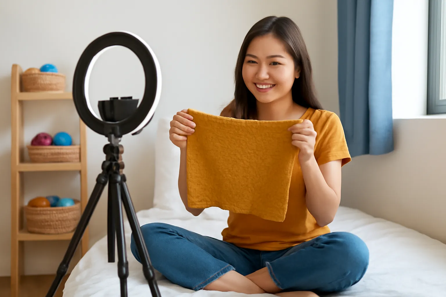Cô gái ngồi trước điện thoại gắn chân đỡ, cầm khăn len, phía sau là phòng trọ ấm đèn