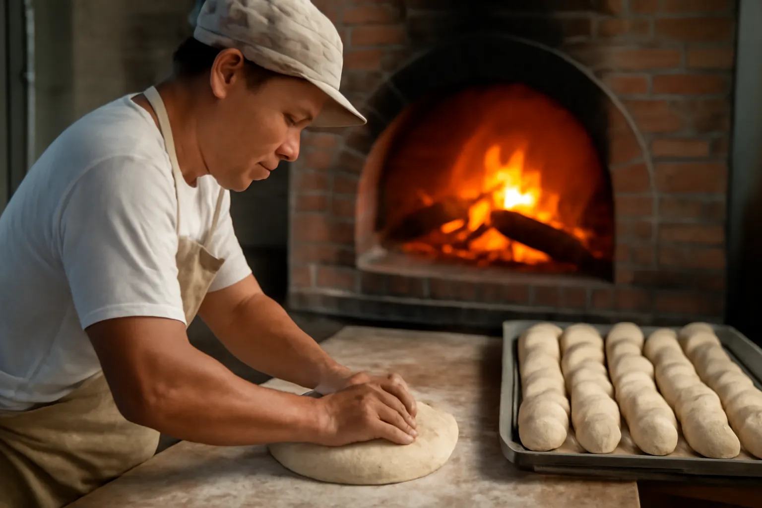 Người thợ bánh mì lớn tuổi nhồi bột trên bàn gỗ cạnh lò củi đỏ lửa