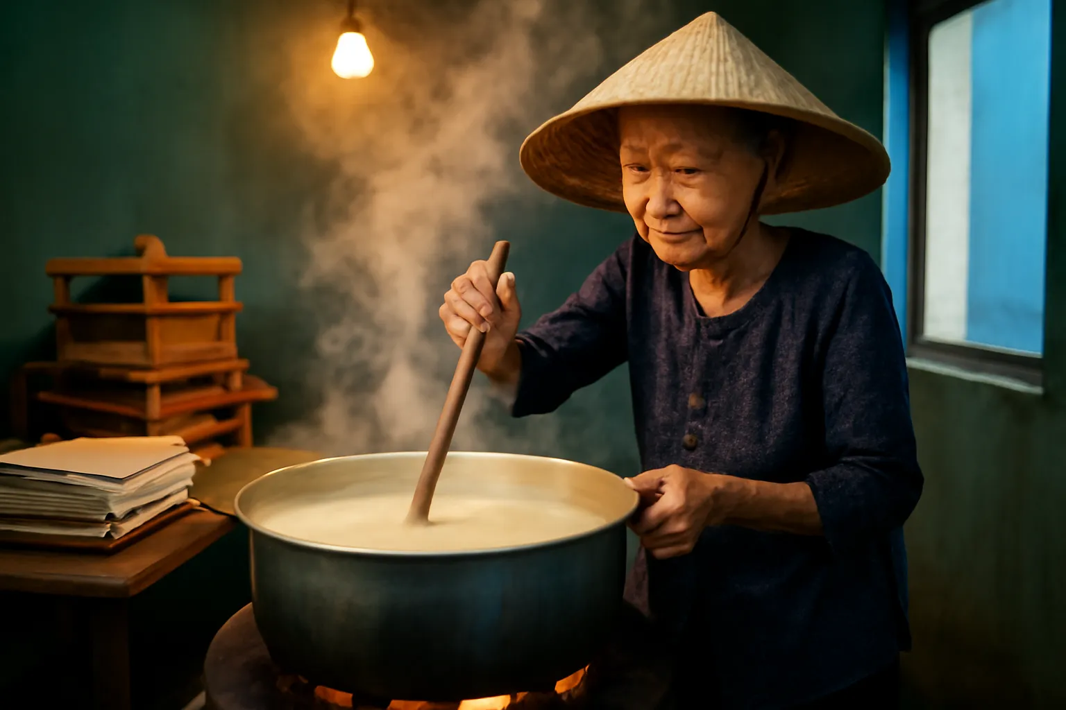 Bà cụ khuấy nồi sữa đậu nành bốc khói trong gian bếp làm đậu ban đêm