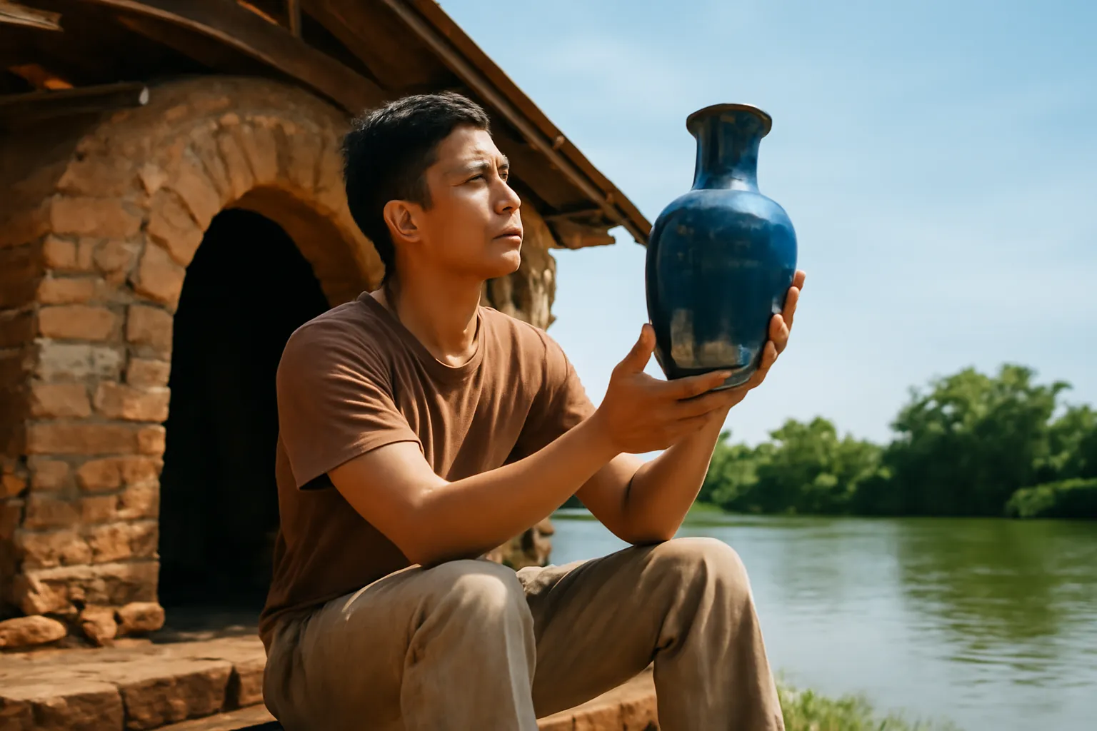 Thợ gốm trẻ cầm chiếc bình men lam ngồi trước miệng lò gạch cũ ven sông
