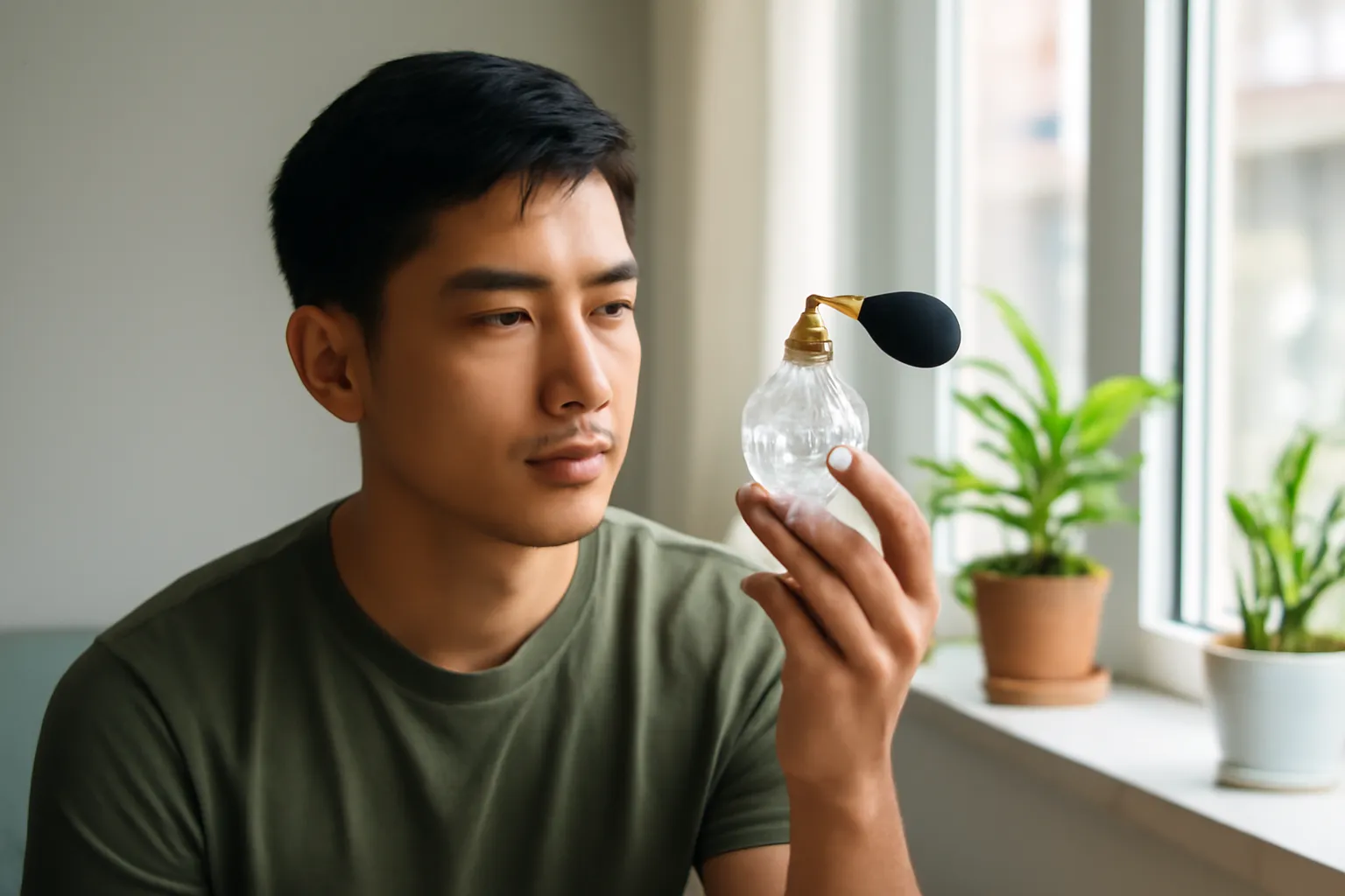 Chàng trai trẻ cầm lọ nước hoa thủy tinh cổ đứng bên cửa sổ căn phòng thuê