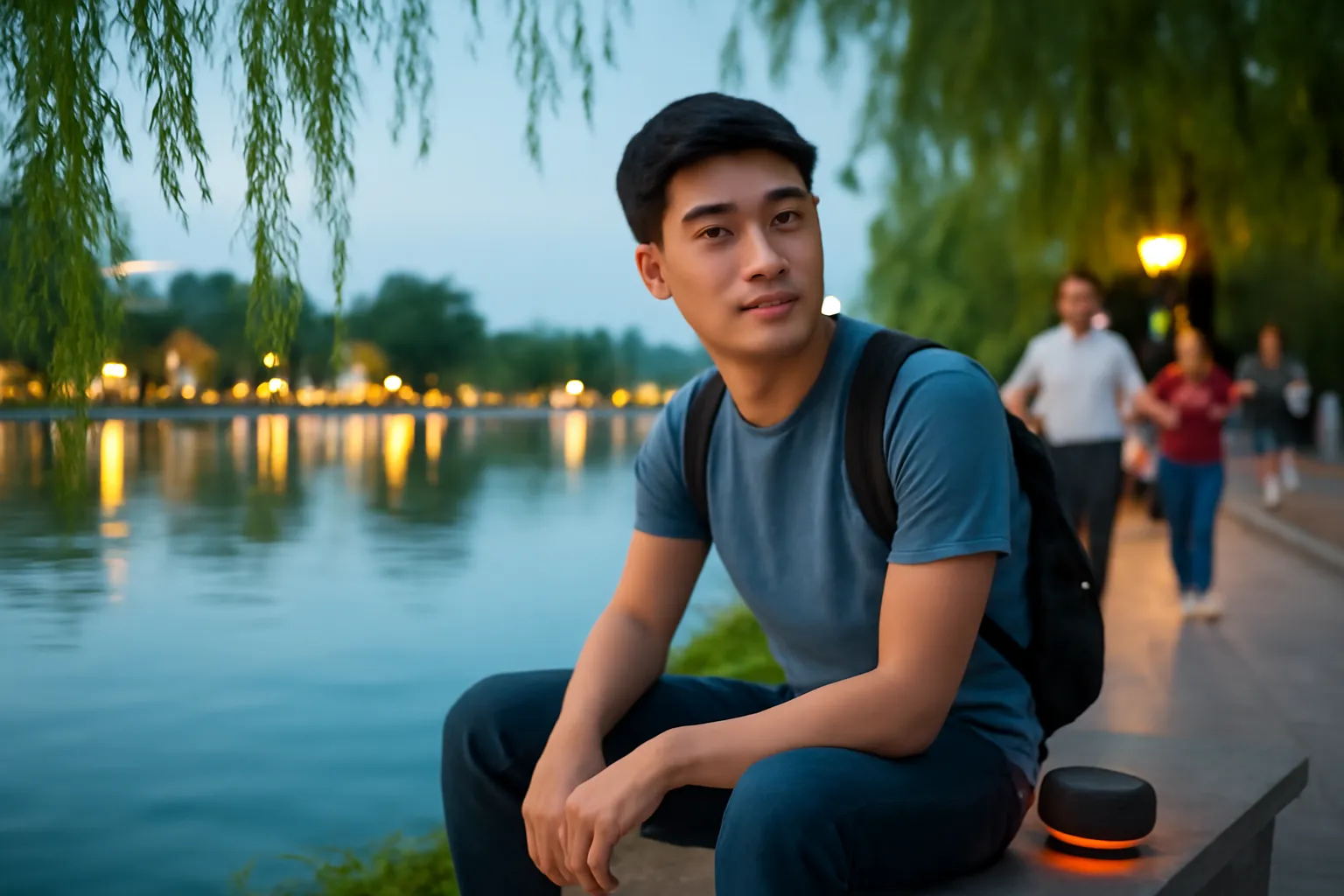 Chàng trai ngồi trên ghế đá bờ hồ chiều tối, bên cạnh là chiếc loa nhỏ đang sáng đèn