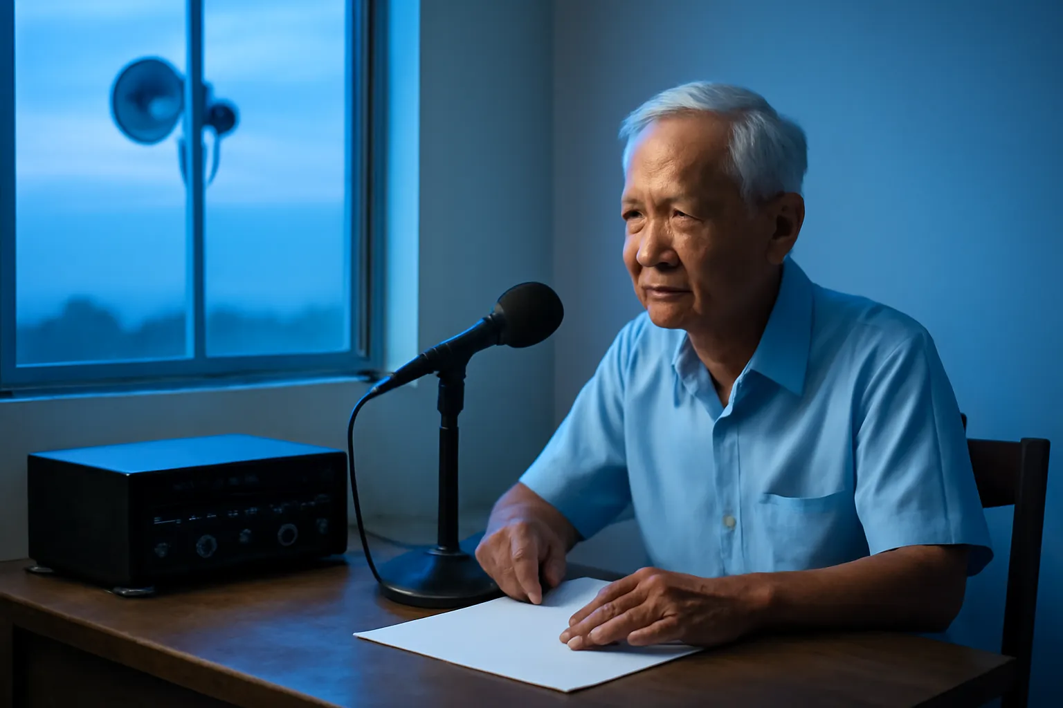 Người đàn ông lớn tuổi ngồi bên bàn máy tăng âm cũ trong căn phòng nhỏ lúc tờ mờ sáng