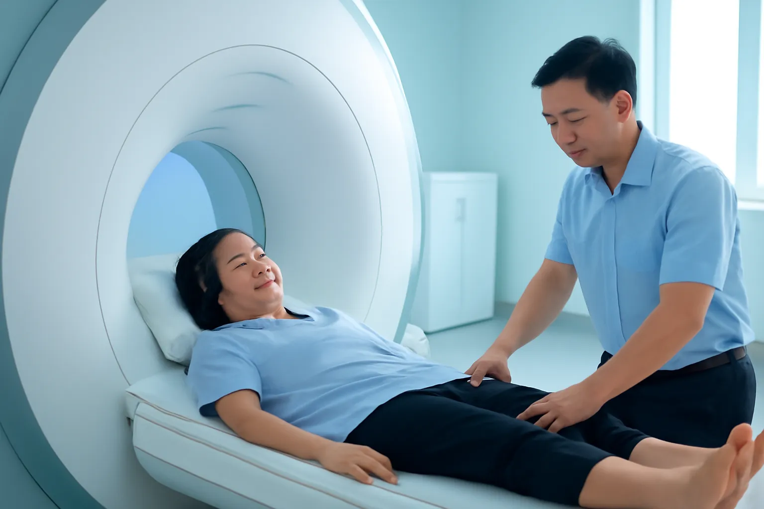 Người phụ nữ trung niên nằm trên bàn máy chụp cộng hưởng từ trong phòng sáng trắng