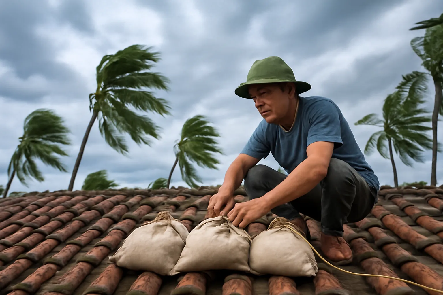 Người đàn ông ngồi trên mái ngói âm dương chằng bao cát, trời mây xám sáng