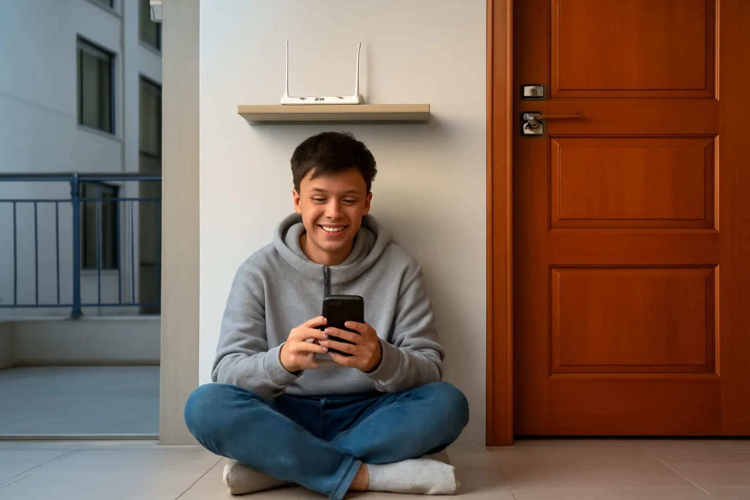 Chàng trai ngồi khoanh chân trên sàn gần cửa căn hộ, nhìn điện thoại và mỉm cười