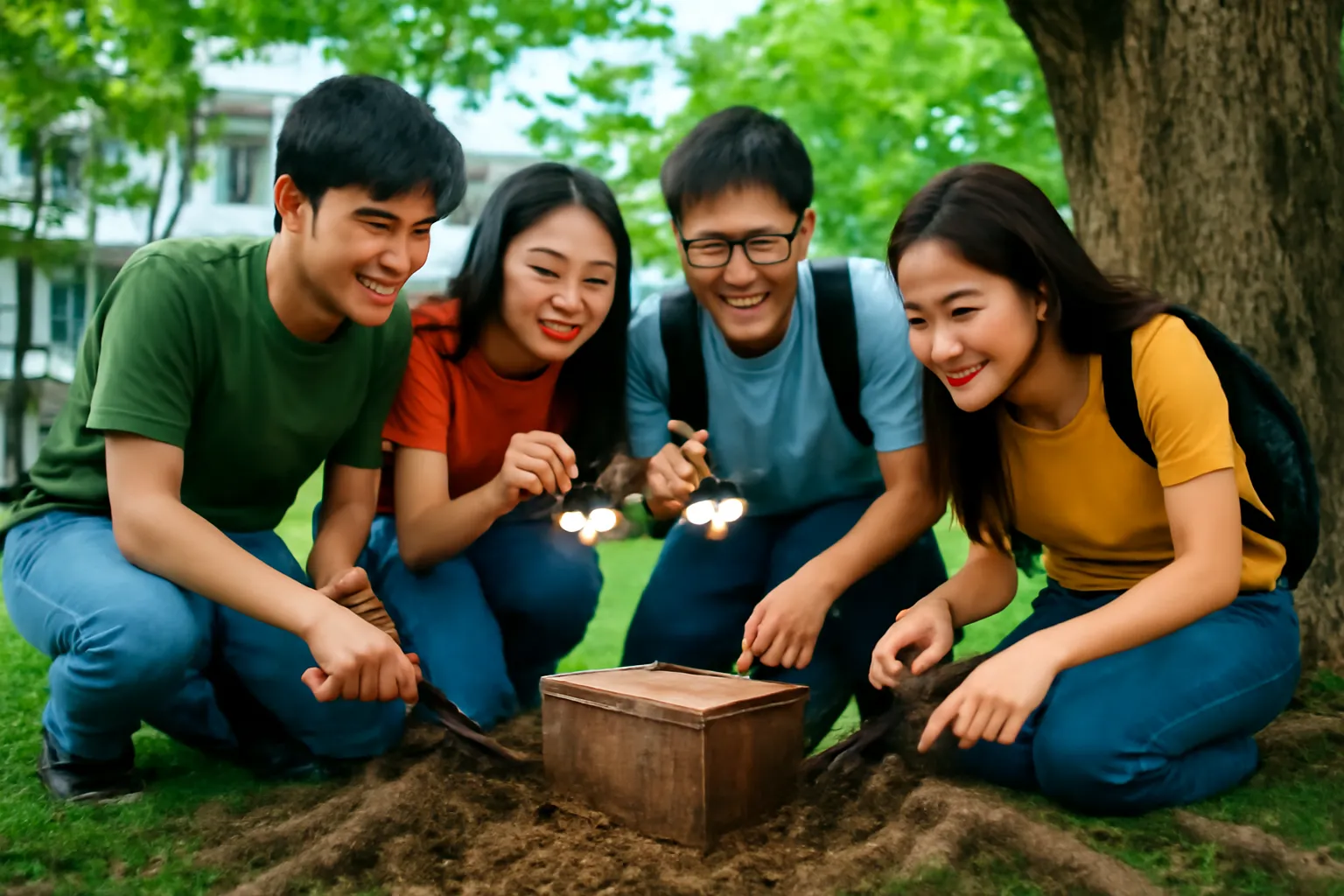 Nhóm sinh viên cầm đèn pin quỳ đào đất dưới gốc cây trong khuôn viên trường ban đêm
