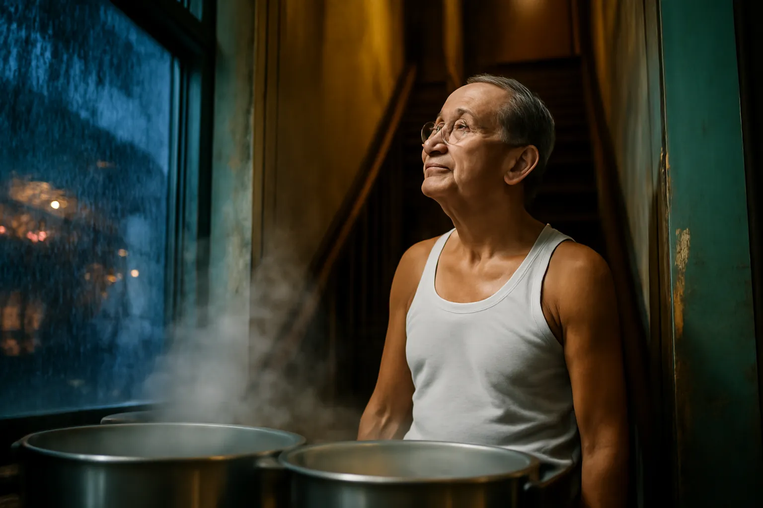 Ông chủ quán mì đứng ở chân cầu thang gỗ nhìn lên tầng trên lúc đêm mưa