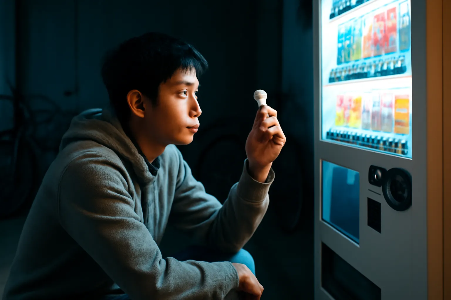 Chàng trai ngồi xổm trước máy bán nước tự động sáng đèn ở tầng hầm ký túc xá