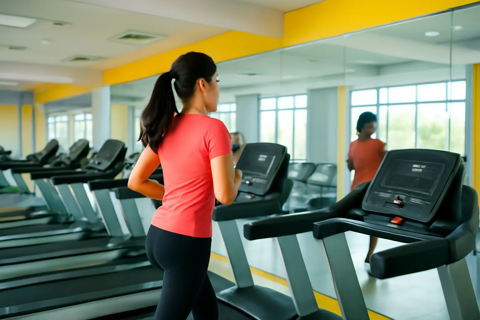 Cô gái chạy bộ trên máy trong phòng tập vắng, cạnh chiếc máy không người